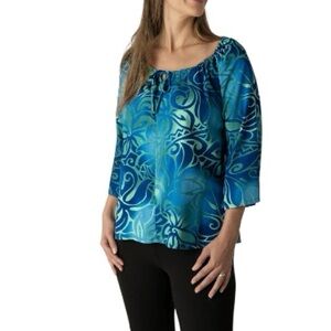 Hilo Hattie Women’s Tribal Tiare Peasant Top Blue Tropical Hawaiian Floral sz M
